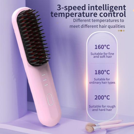 Беспроводной выпрямитель для волос Щетка 3 температуры Быстрый нагрев USB Перезаряжаемый дорожный портативный горячий гребень Электрический пушистый укладочный расческа для распутывания волос