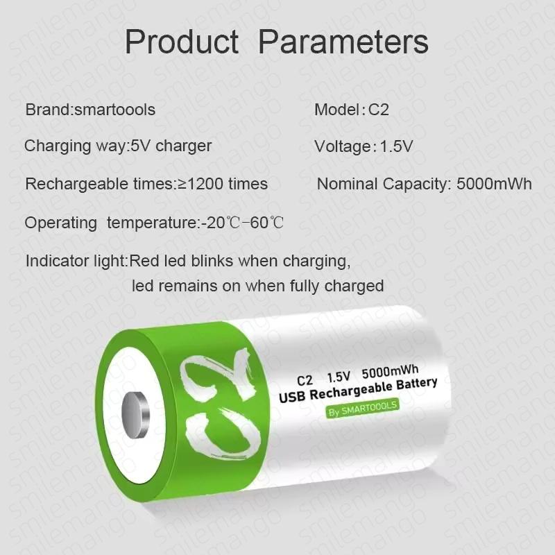 1.5V 5000mWh C Size LR14/LR20 12000mWh D Size Li-po Rechargeable Battery Type-C Ultra-Fast Charging for Flashlight Gas Cooker