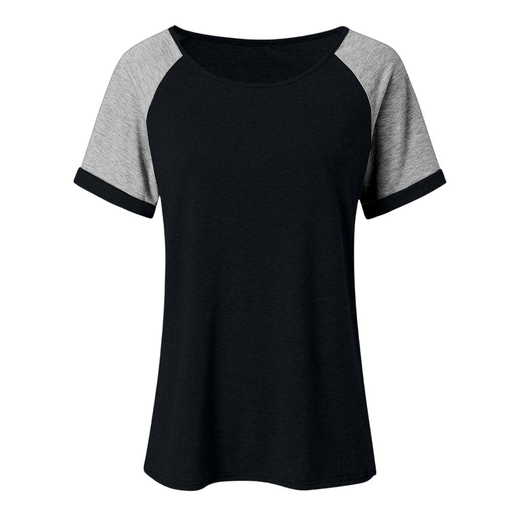 Women's Casual Loose Contrast Color Stitching Round Neck Short Sleeve Top
