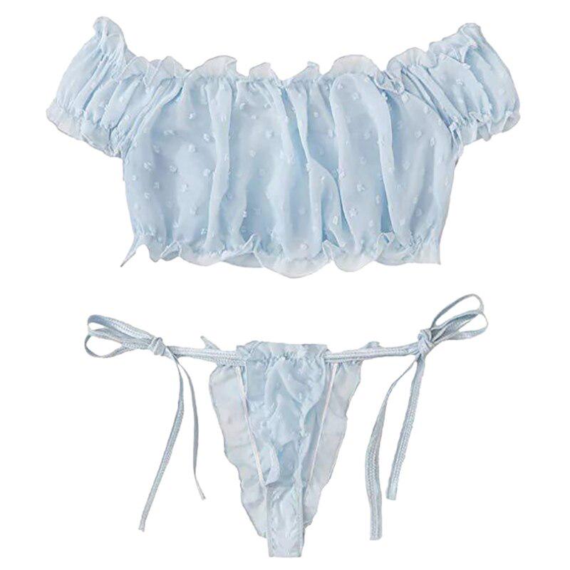 Pleated Mesh Lingerie Set Women Sweet Cute Babydoll Sleepwear Ladies Strapless Tops+Briefs Underwear Set