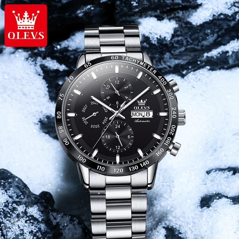 OLEVS Брендовые деловые повседневные модные автоматические механические часы с тремя глазами, мужские часы