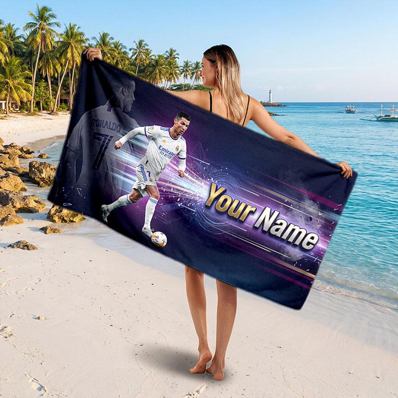 Cristiano Ronaldo Custom Beach Towel, Personalized Name Text Print, Football Logo Soft Quick‑Dry Towel Holiday Gift