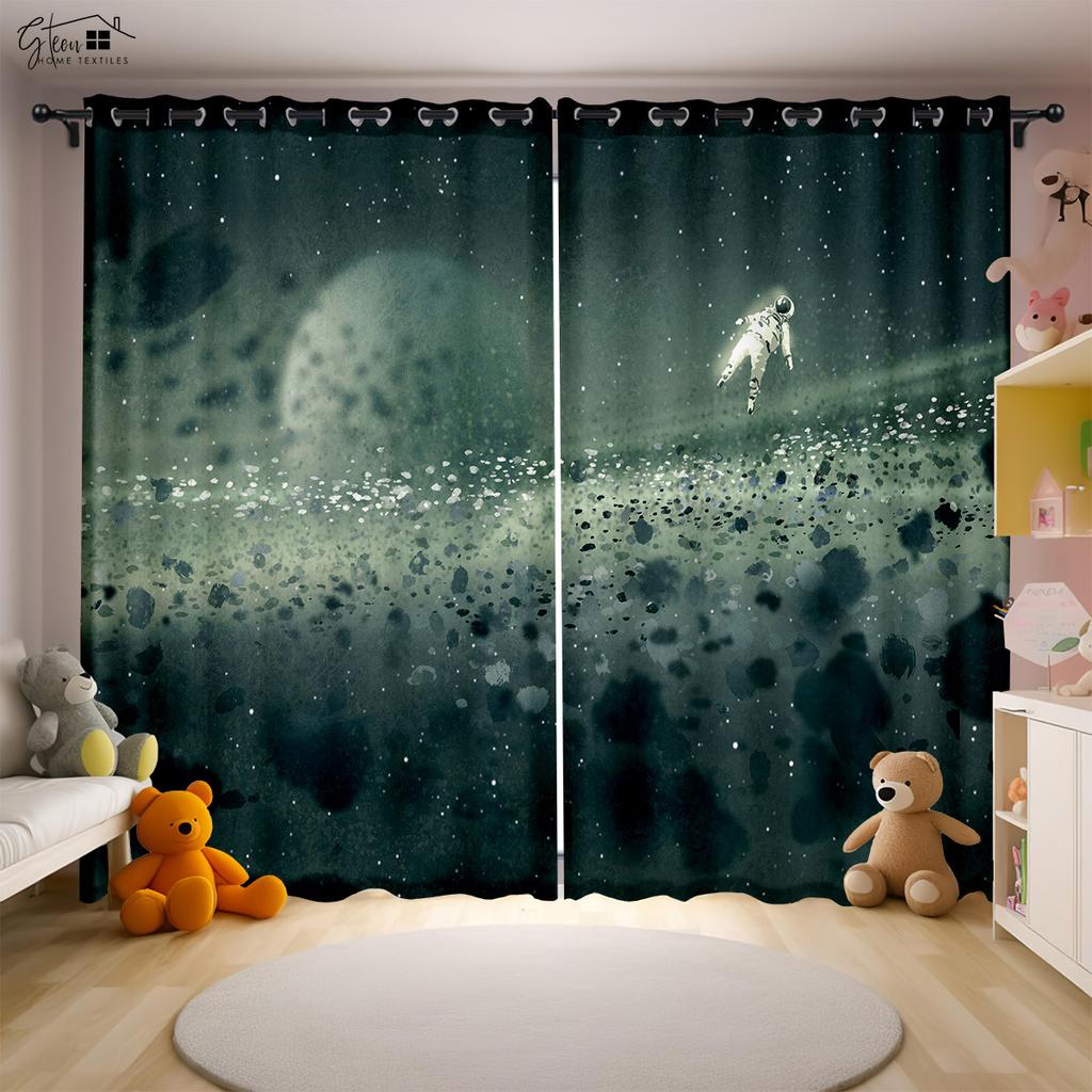 Cartoon Aerospace 3D Printing Drapes Astronaut Spaceman Spaceship Rocket Moon Planet Bedchamber Children ' s SpaceDrapes