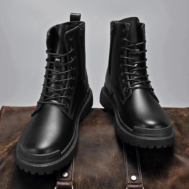 Fashion Men High Top Boots Fashion Motorcycle Boots Casual Leather Boots for Men Waterproof Work Boot Lace Up Platform Boot Botas Hombre