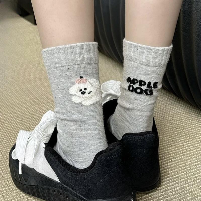 Cartoon Animal AB Letter Flocked Socks, Women's Dot Yarn Pile Socks, Pure Cotton Mid-calf Socks