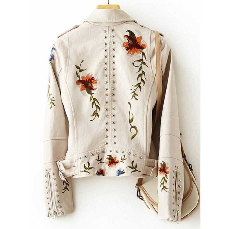 Women's Business Casual Waisted PU Leather Jacket Embroidered Rivets Faux Leather Short Jacket Office Jacket
