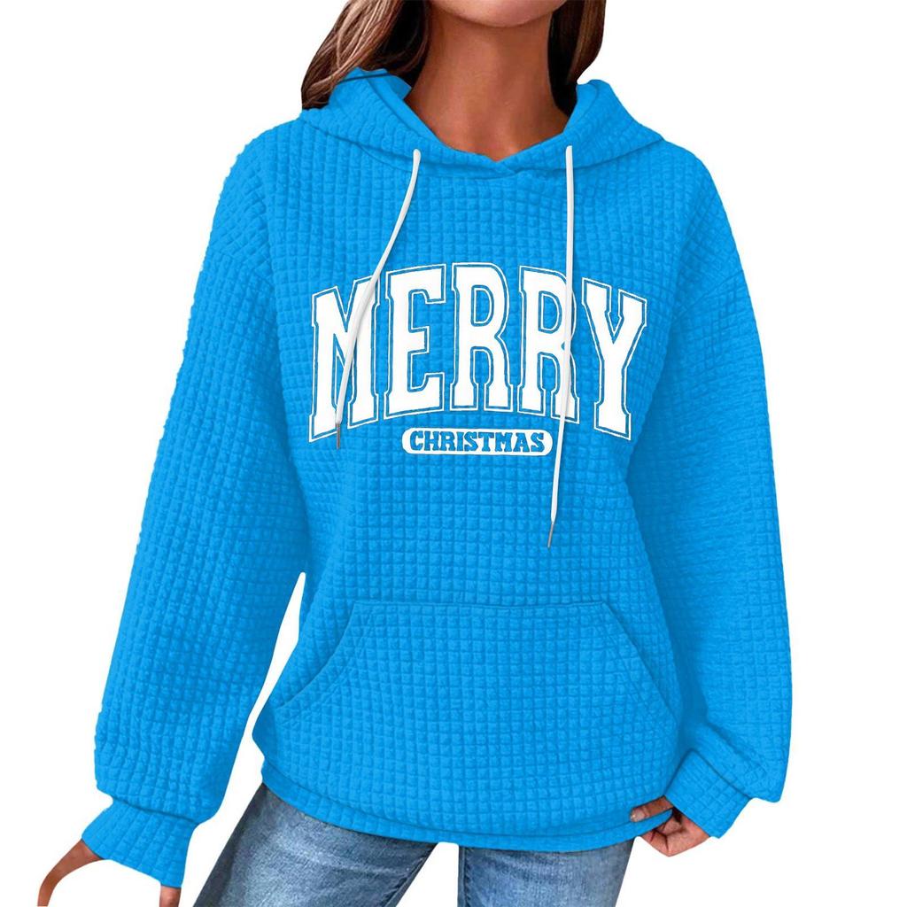 Women's Fashion Loose Hooded Pullover Long Sleeve Plaid Sweatshirt With Drawstring, Drop Shoulder, Pocket, Christmas Print Top