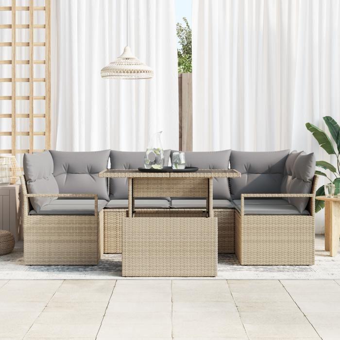 7-piece Garden Sofa Set with Beige Cushions Poly Rattan, 2-seater Garden Sofa with Storage and Beige Cushions 3357493