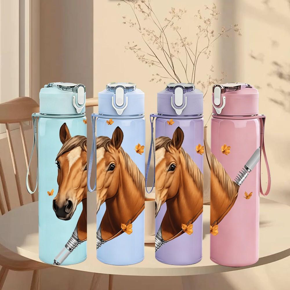 1PC Horse Head With Feather Decoration Print 750ml Color Plastic Sports Water Bottle Leakproof Flip Straw Lid Suitable for Sports Office Home Use