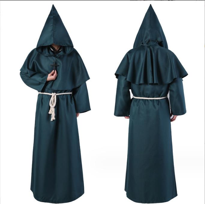 Medieval Monk Robe Renaissance Priest Halloween Cosplay Costumes Wizard Carnival Party Hooded Cloak With Cross Necklace