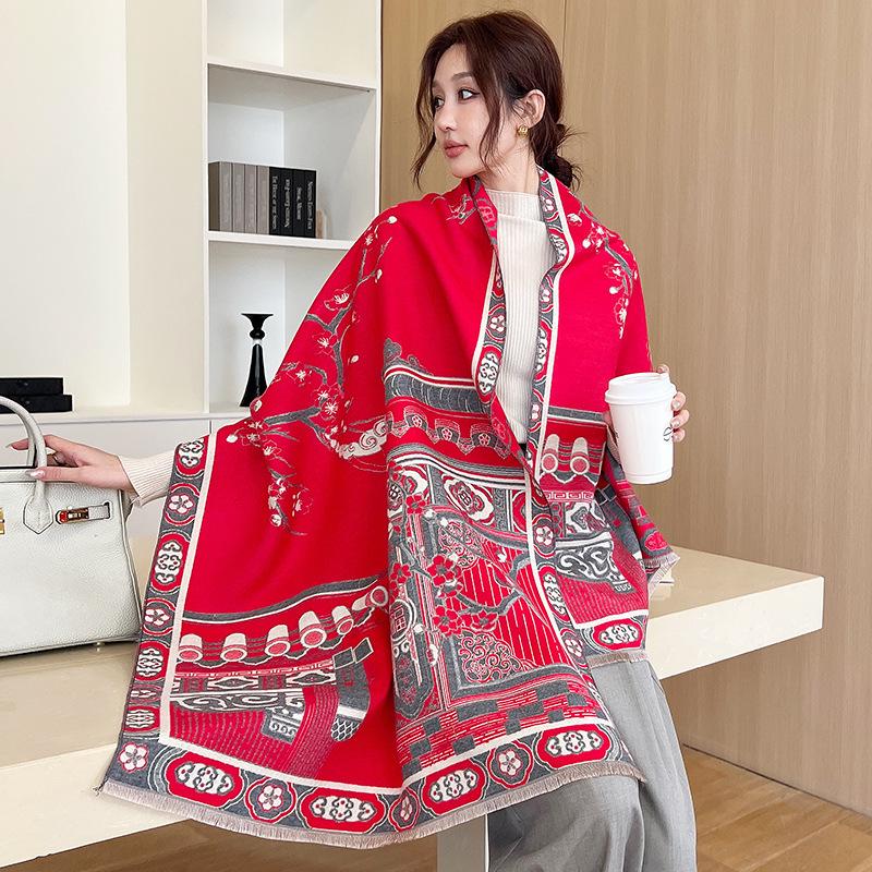 Женский модный зимний шарф из искусственного кашемира 2024 года — теплая, толстая жаккардовая шаль