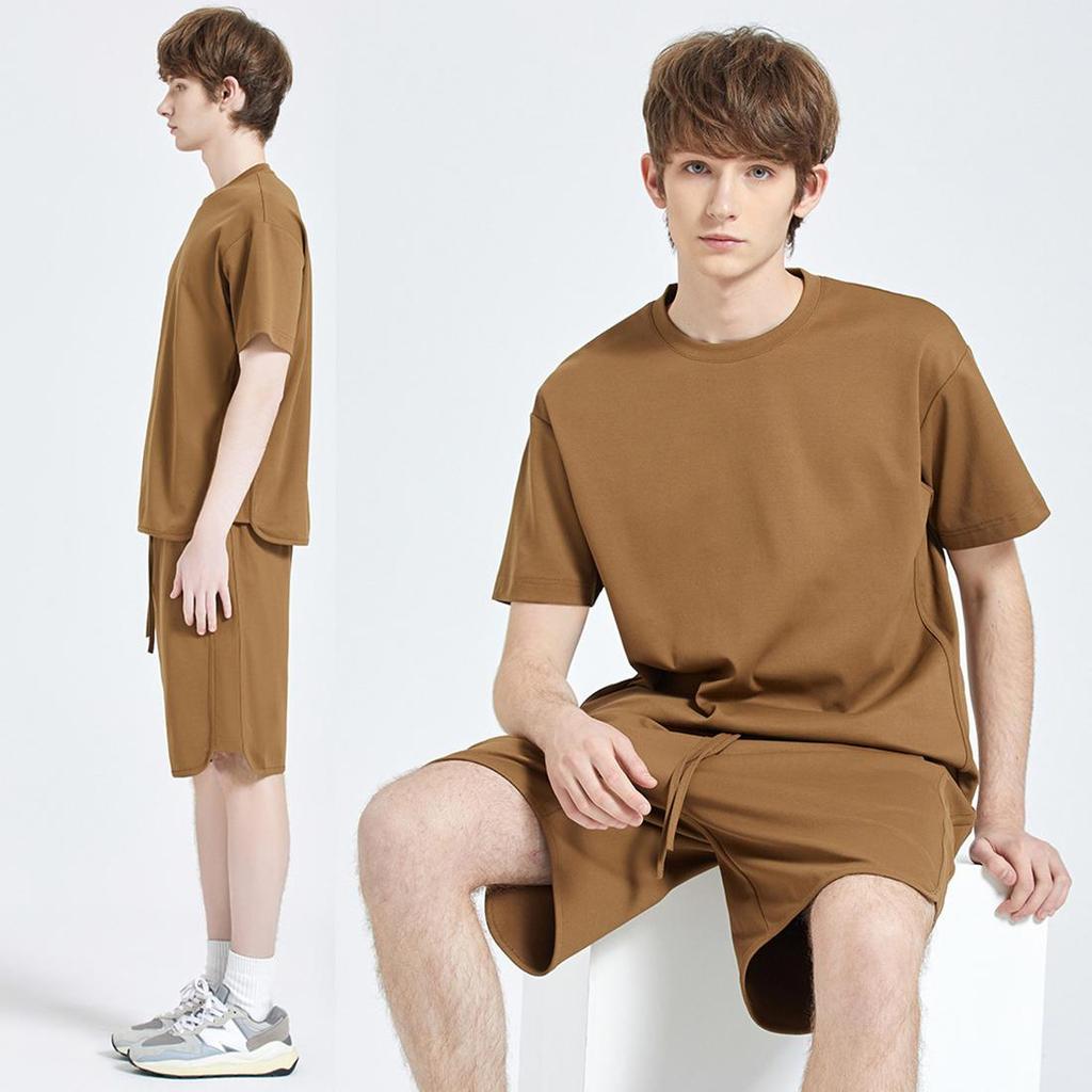 Мужской комплект из двух предметов: верх-нижний, хлопок, полиэстер, футболка с короткими рукавами, четверть брюки на шнурке, однотонные свободные рубашки и шорты, повседневная спортивная одежда