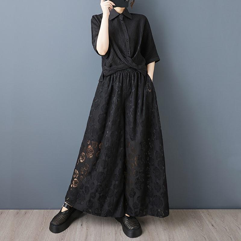 Черные, большие размеры, хлопковая сетка, винтажный цветочный узор, высокая талия, повседневные, свободные, летние, широкие брюки, женские брюки