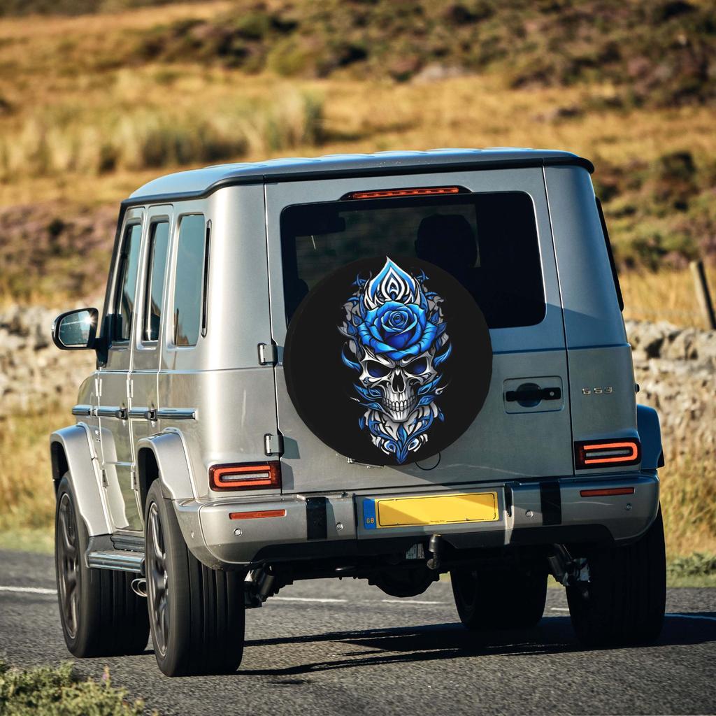 2D Flat 1pc Blue Rose Skull Print Car Tire Cover 35.56/38.1/40.64/43.18 Cm, Spare Tire Cover, Essential For Camping Off-Road Out