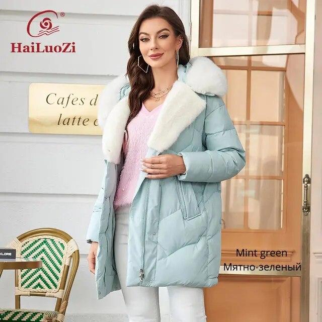 HaiLuoZi 2023 New Winter Down Jacket Warm Hood with Detached Fur Short Female Outwear Elegent Solid Color Thick Coats Women 1158