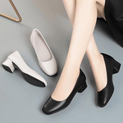 Одиночные туфли женские осенние новые универсальные однопедальные мягкие подошвы легкие толстые каблуки низкие рабочие туфли черные кожаные туфли