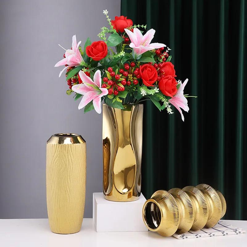Gold Ceramic Vase Geometric Section Hydroponic Flower Apparatus Floral Arrangement Accessories Terrarium Home Decoration