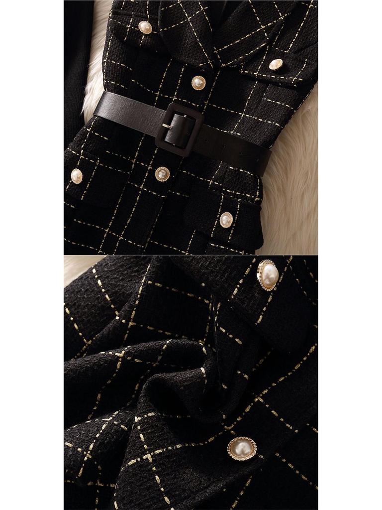 Женское модное шерстяное платье А-силуэта в клетку с вязаной рубашкой