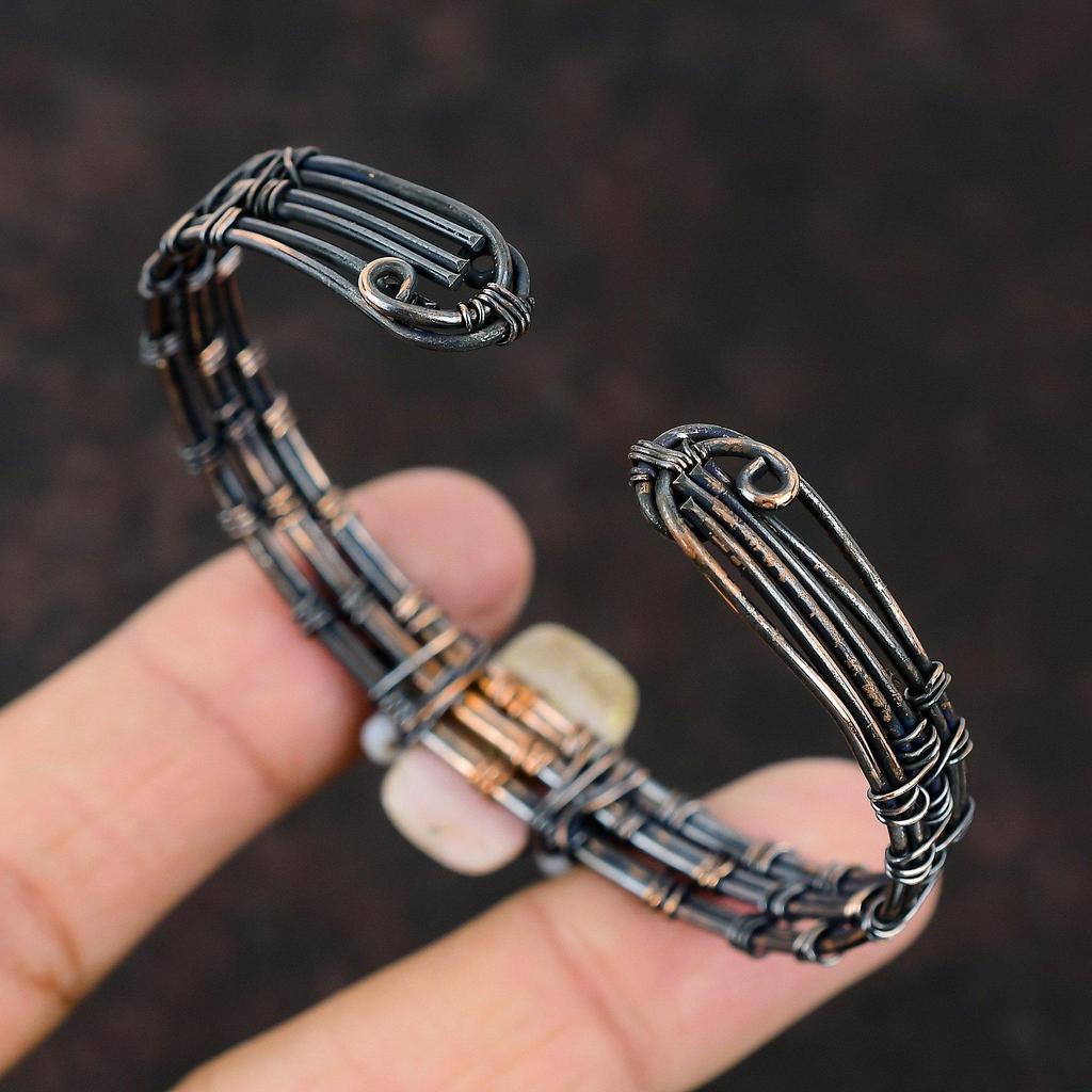 Браслет-манжета из розового опала и меди, браслет с синими кружевными бусинами из агата, браслет из медной проволоки, регулируемый браслет-манжета ручной работы