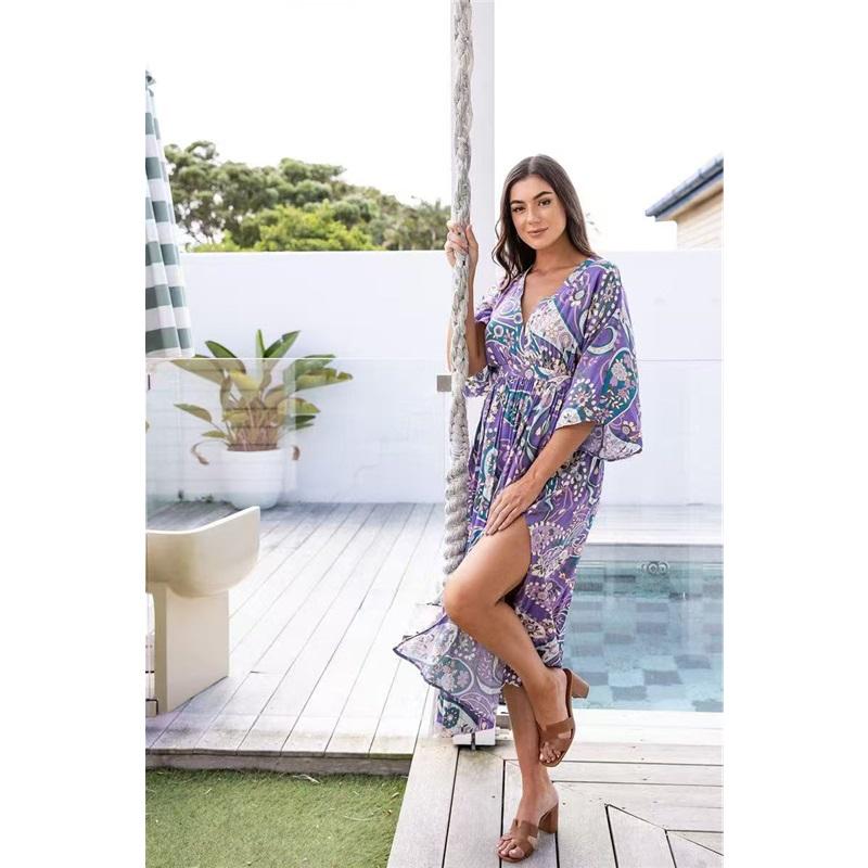 Европейский и американский стиль летнее женское новое платье без рукавов с длинной юбкой V-образным вырезом разрезом для пляжного отдыха свободное с принтом