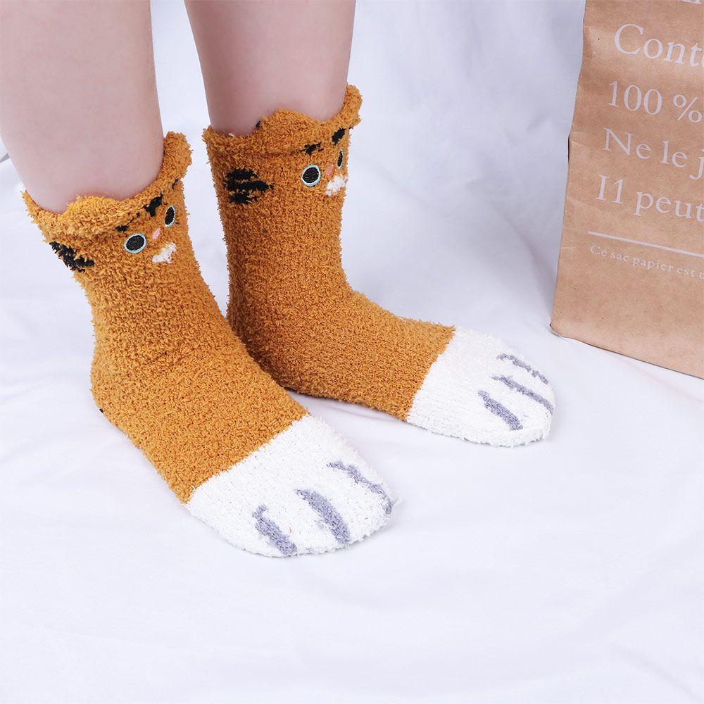 Модные зимние плюшевые мягкие носки из кораллового вельвета, носки для сна, напольные носки, кошачья лапка