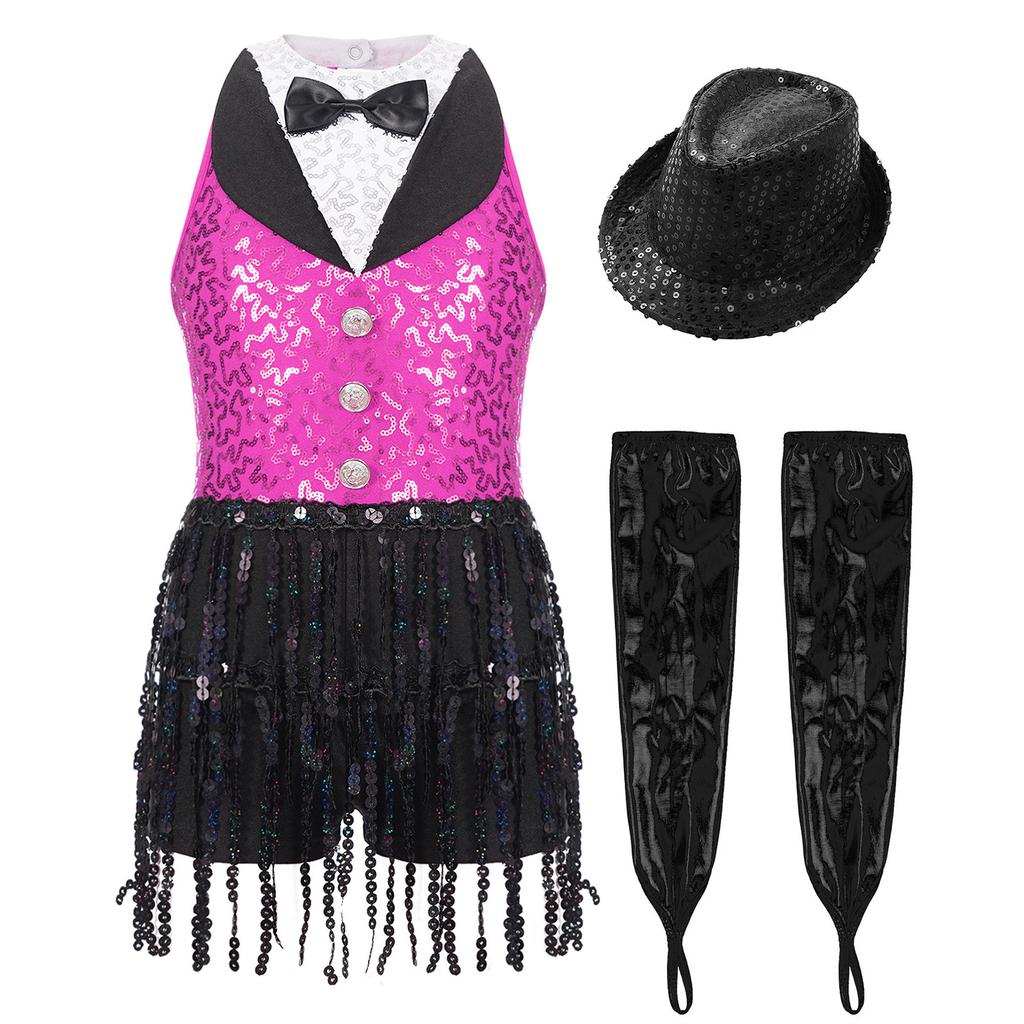 Латинский джазовый танцевальный купальник для девочек, без рукавов, с вырезом-замочной скважиной на спине, с пайетками, кисточками, металлическими перчатками и шапочкой