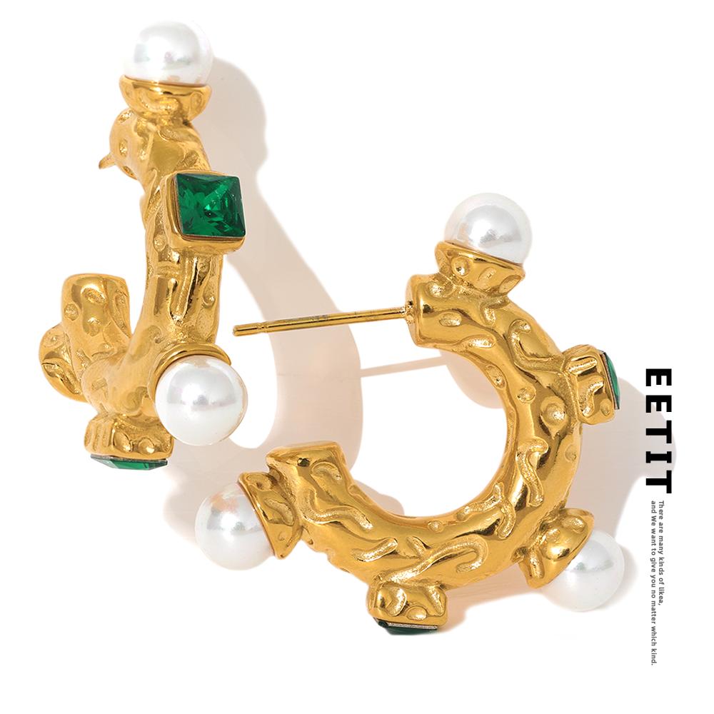 Eetit Женские серьги-кольца из нержавеющей стали с имитацией жемчуга и зеленого кубического циркония, винтажные модные ювелирные изделия, подарок