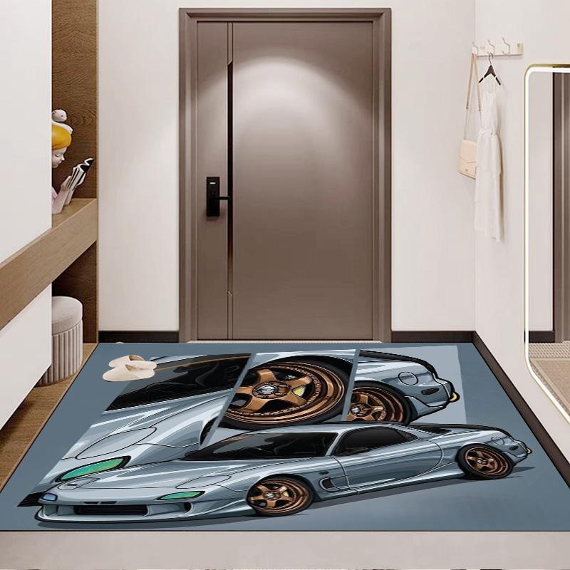 Silver‑Grey Sport Car Bronze Alloy Wheel Comic Print Area Rug Non‑Slip Rectangular Floor Mat Auto Fan Decor for Gaming Bedroom Living Room