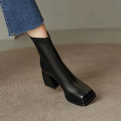 Мода 2025 Квадратный Низкий Каблук Модные Ботильоны из ПУ Кожи Повседневные Короткие Ботинки Квадратный Носок Молния Зимняя Женская Обувь Размер 34-39 Botas