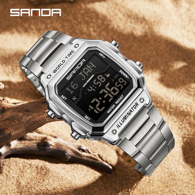 SANDA 2173 Цифровые наручные часы с мировым временем и функцией Азан, стальной ремешок, водонепроницаемые, многофункциональные, напоминание о времени молитвы