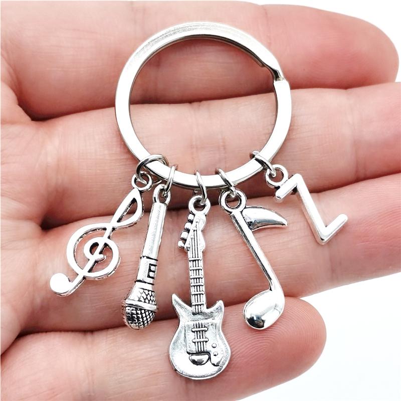 26 Letters Music Keychain Music Note Guitar Pendant Key Chain Microphone Keyring Creative Jewelry Gifts