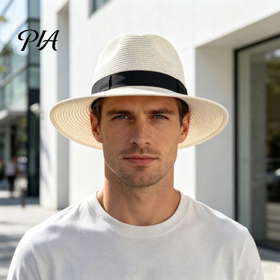 Vacation Sun Hat Men Paper Straw Hat, Breathable Wide Brim UV Protection Foldable Summer Beach for Outdoor Travel Lightweight