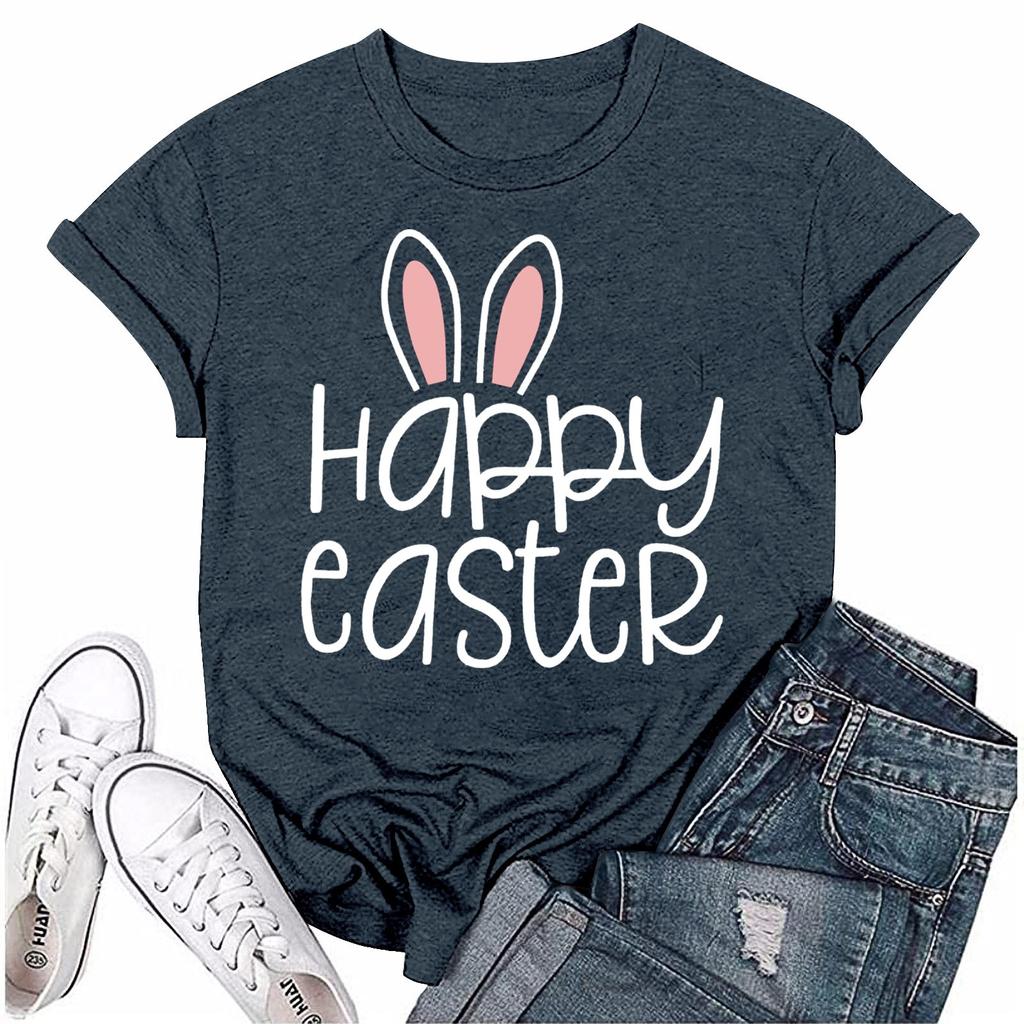 Женская модная пасхальная принтованная повседневная плиссированная круглая футболка с коротким рукавом