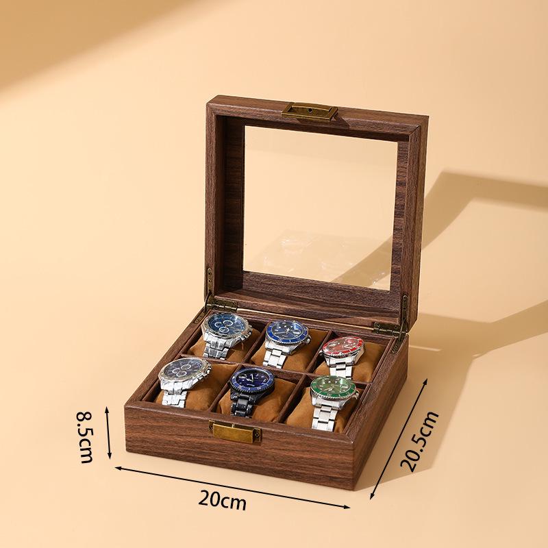 Exquisite Vintage Wood Grain Leather Watch Box with Dustproof Glass Lid for Wristwatch Display and Storage.
