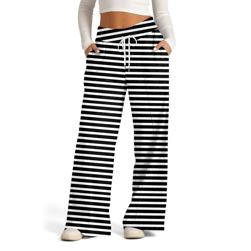 Women's Wide Leg Casual Pants High Waist Striped Sports Pants