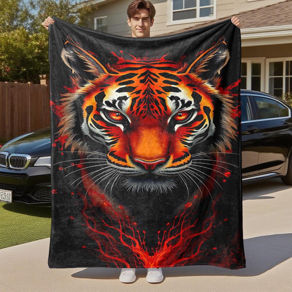 1pc tiger print Outdoor Flannel Blanket Soft Warm All-Season Throw for Sofa Bed Car Camping Office, Cozy Gift Idea1142S