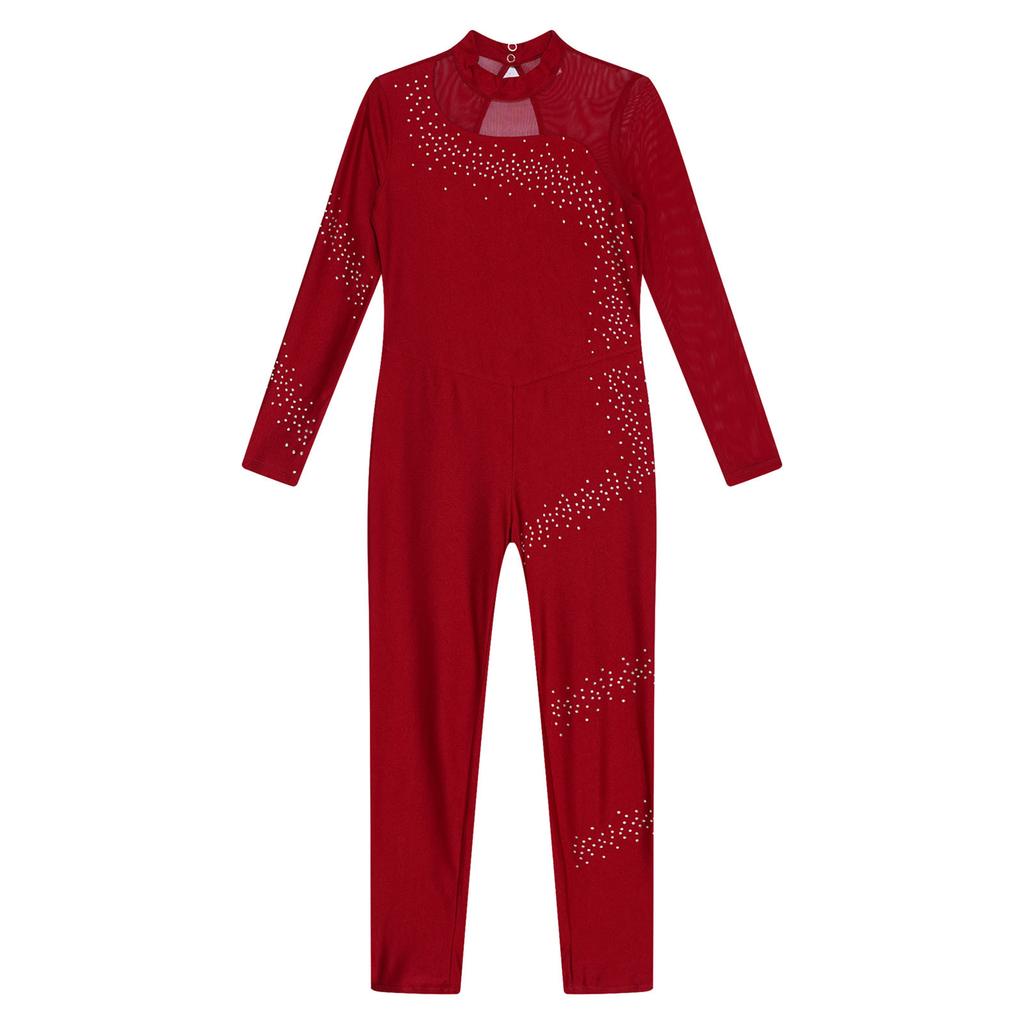 Rhinestone Gymnastics Leotard Full Body Jumpsuit Kids Girls Long Sleeve Sports Body Ballet Unitard Jersey Performance Dancewear