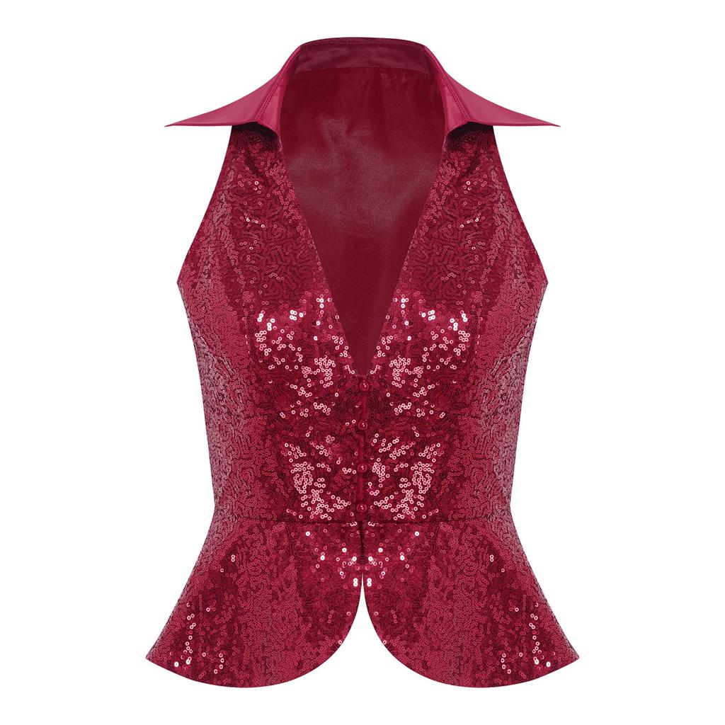 Женский стильный однотонный жилет с лацканами, без рукавов, с блестящими пайетками, вечерний топ для вечеринки, наряд для ночного клуба