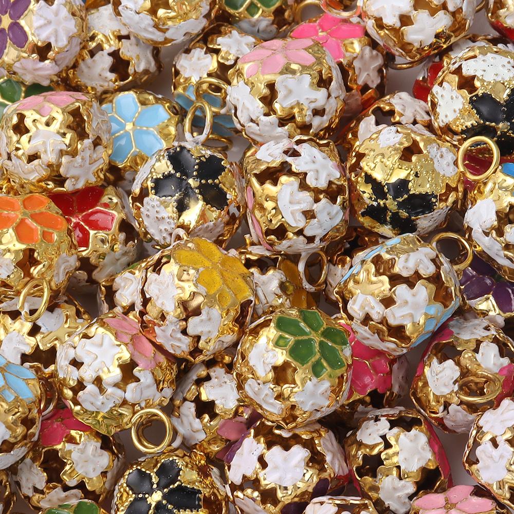 10Pcs/lot 14mm Hollow Enamel Flower Bell Charms Pendants Colorful Jingle Bell For Jewelry Making DIY Bracelet Necklace Keychain