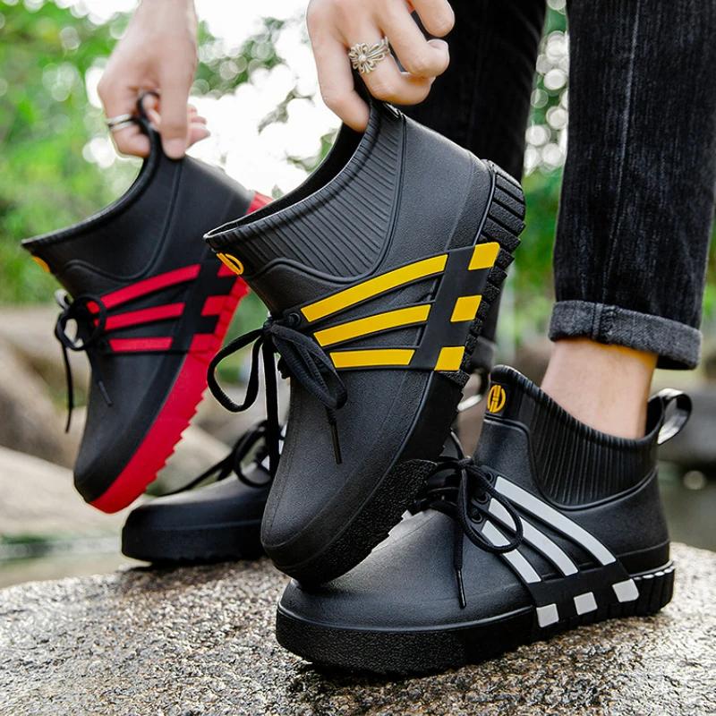 Водонепроницаемые резиновые сапоги для мужчин, повседневные туфли на плоской подошве, резиновые туфли до щиколотки, рабочие защитные галоши, резиновые сапоги для рыбалки, кухонная обувь