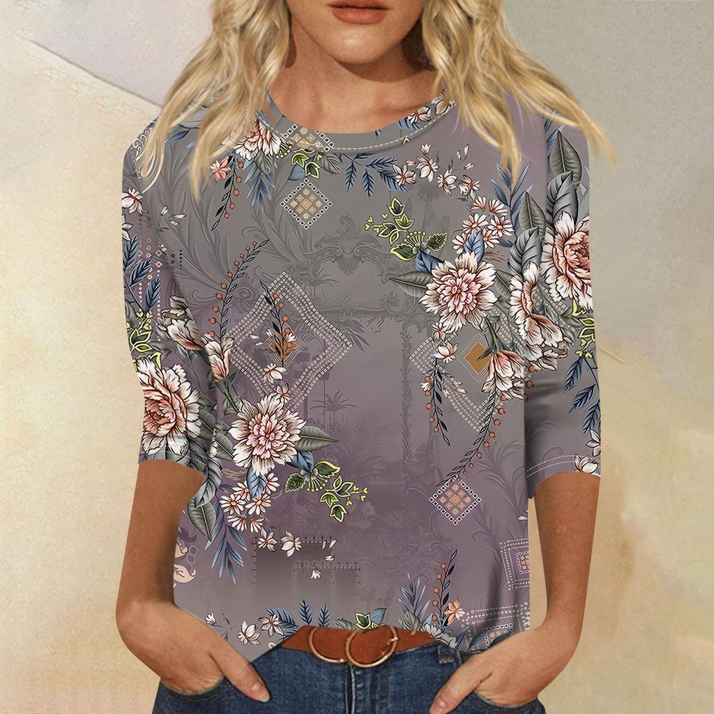 Женская мода, свободная рубашка с круглым вырезом и рукавом семь четвертей, винтажная повседневная футболка с цветочным принтом, топ