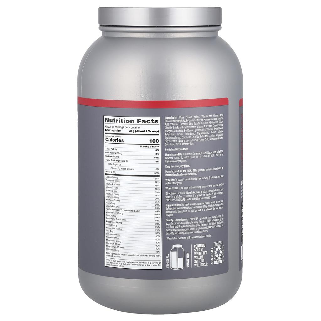 Isopure Zero Carb, Protein Powder, Strawberries & Cream, 3 Lbs (1.36 Kg)