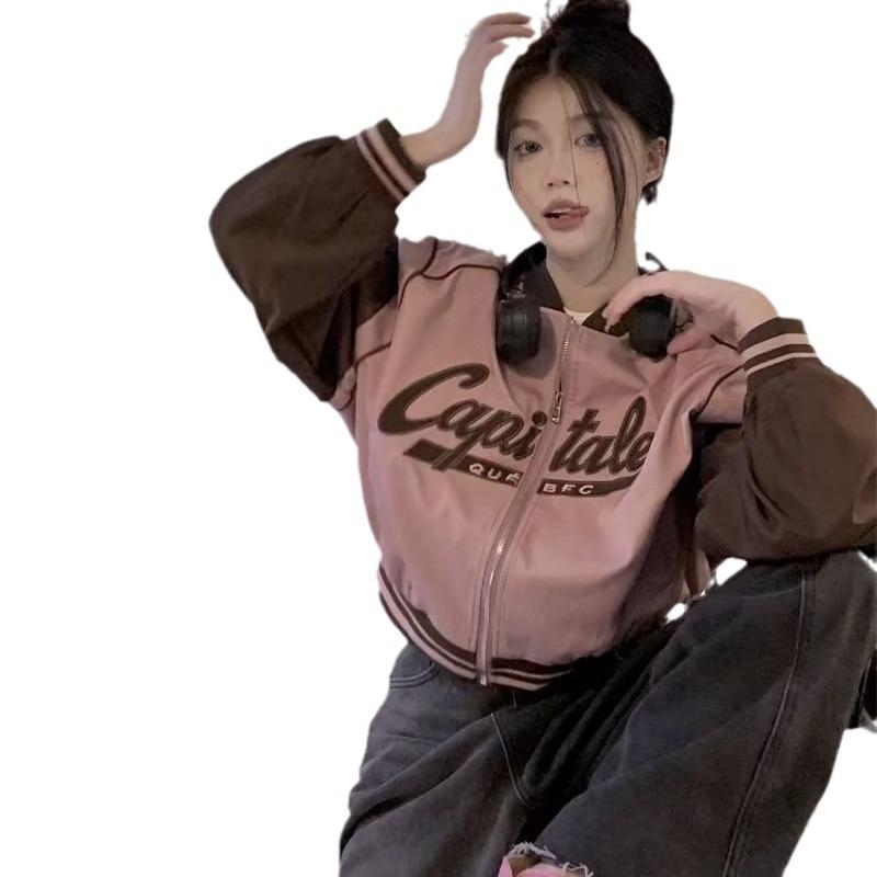 Women Y2K Baseball Jackets Loose Oversized Crop Bomber Coat Ladies Letter Print Sportswear Female Korean Windbreaker Jacket Plus Size