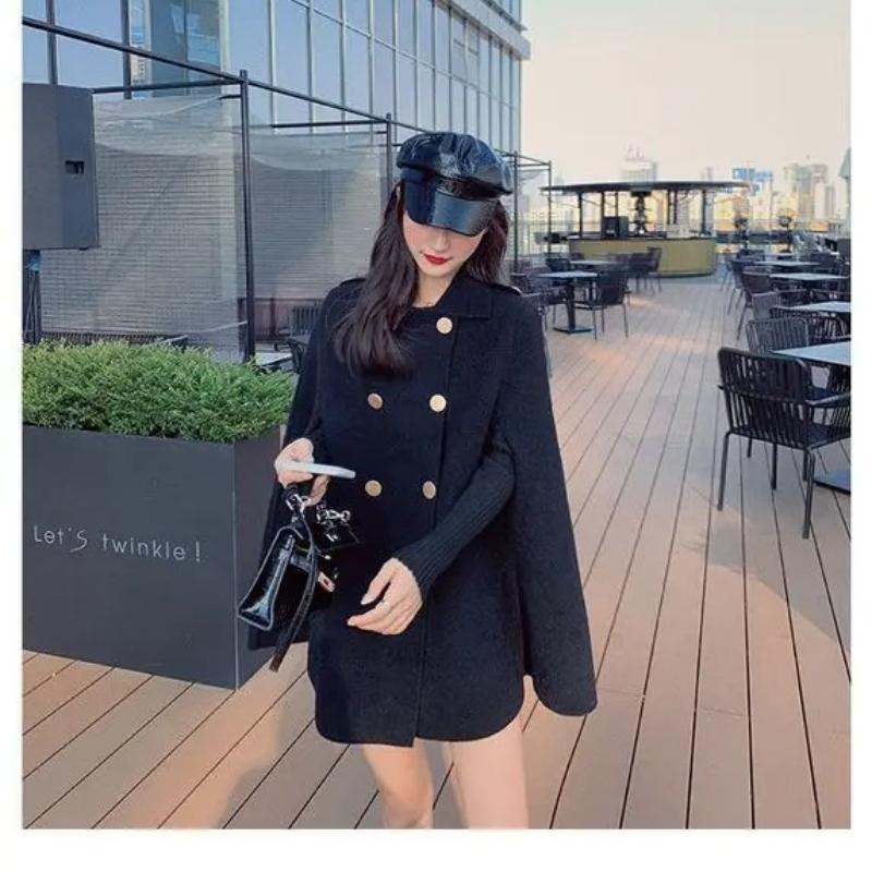 Autumn and Winter Double Breasted Women Cape Coat Loose Pure Color Female Overcoat Fashion Elegant Lapel Lady Oversized Poncho