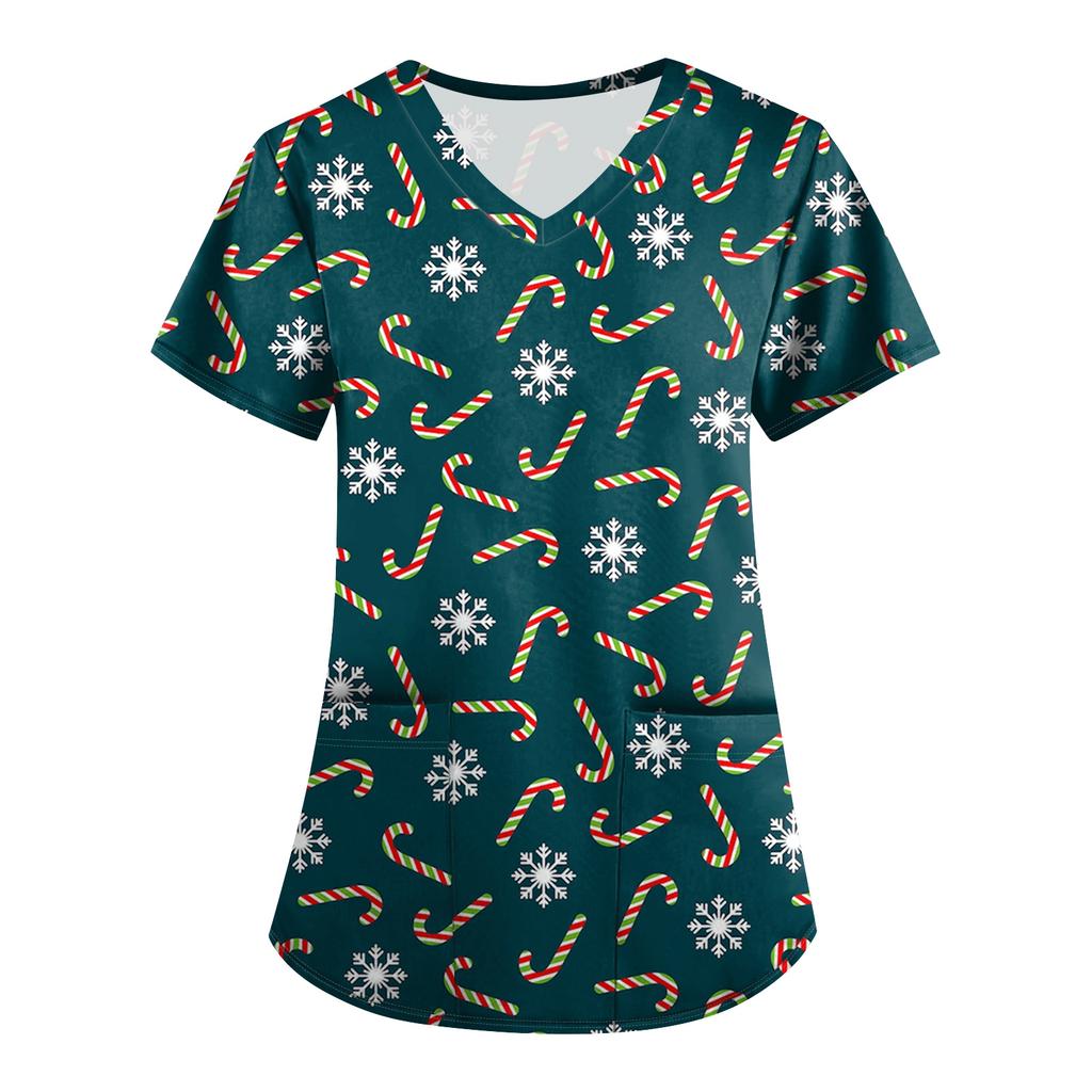 Большой размер Принтованный скраб Рабочая униформа Топы для женских V-образный вырез с запахом Принт Короткий рукав Веселые футболки Рабочая одежда Футболка с карманами