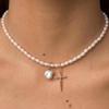 Niche Trendy Ins-Style Natural Freshwater Pearl Cross Necklace with French Retro Clavicle Chain