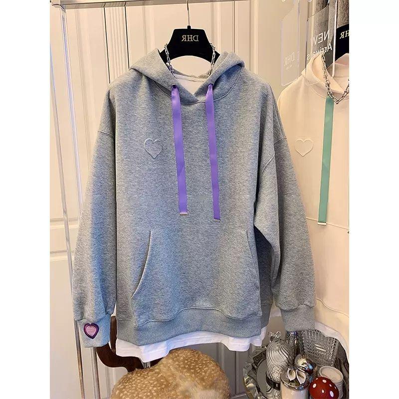 Любовь Толстовка с капюшоном Женская Осенняя Новинка Ложный Двойка Свободный Корейский Топ