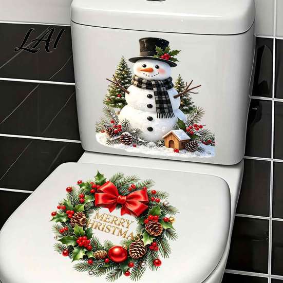Seasonal Toilet Sticker Christmas Snowman Wreath Sticker Peel And Stick Bathroom Decor Decal Decal Removable Waterproof Lid Wall for Holiday