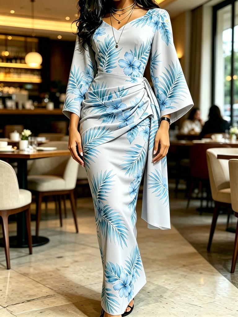 Women's Light Blue Tropical Floral Print Maxi Dress V Neck Wrap Waist Flare Sleeve Party Gown