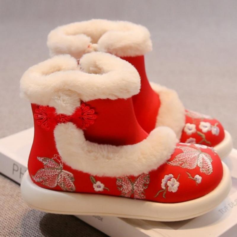 Girls' Traditional Chinese Cotton Shoes with Hanfu Horse-faced Skirt Cotton Boots Exquisite Plush Snow Boots